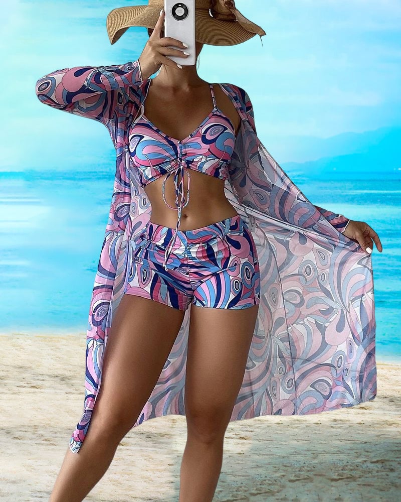 Three-piece printed bikini swimsuit