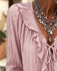 Ruffle Trim Lace-Up Long Sleeve Blouse