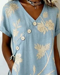 Diagonal Button Print V-Neck Mini Dress