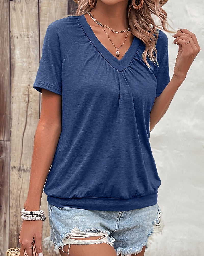 Casual Pleated V-Neck T-Shirt