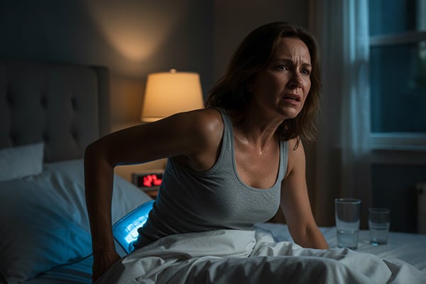 Person awake in bed, holding their shoulder in pain