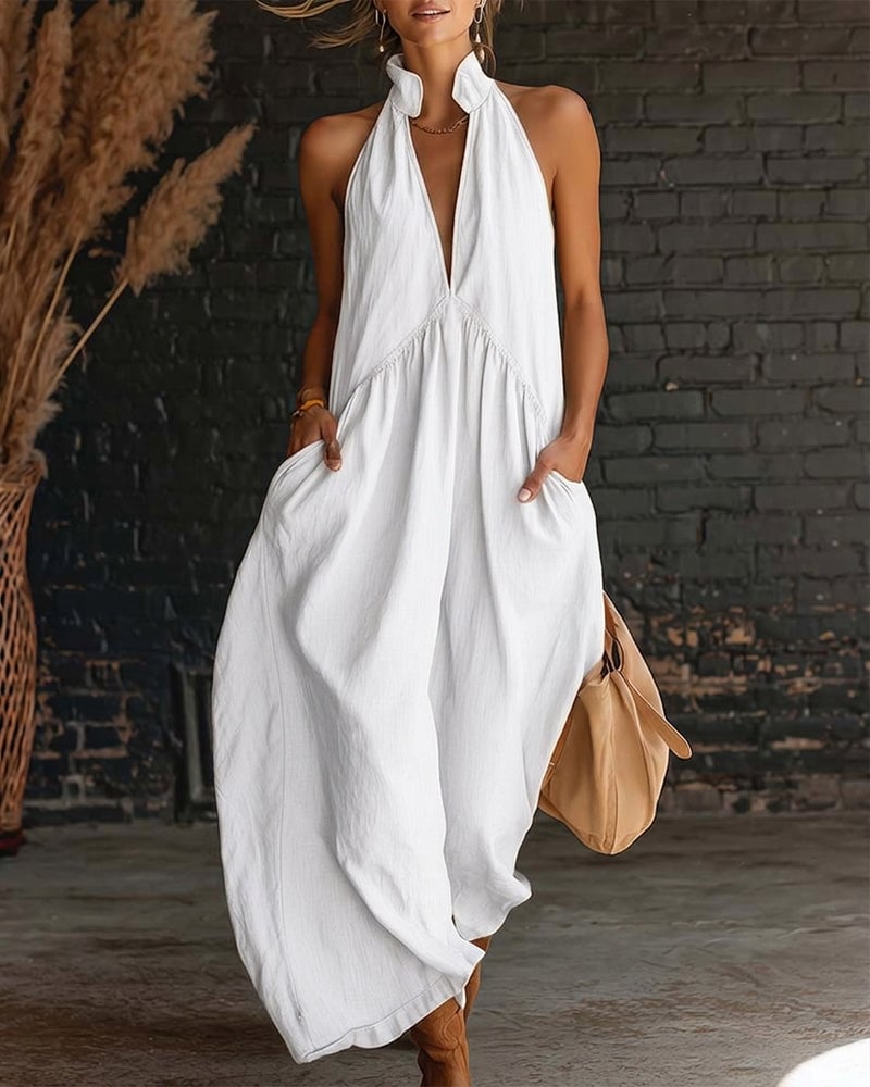 100% Cotton Sleeveless Stand-Collar Solid-Color Maxi Dress