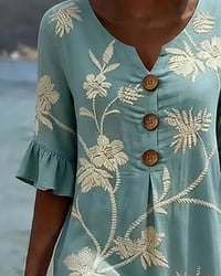 Petite V-Neck Ruffle Three-Quarter Sleeve Dress