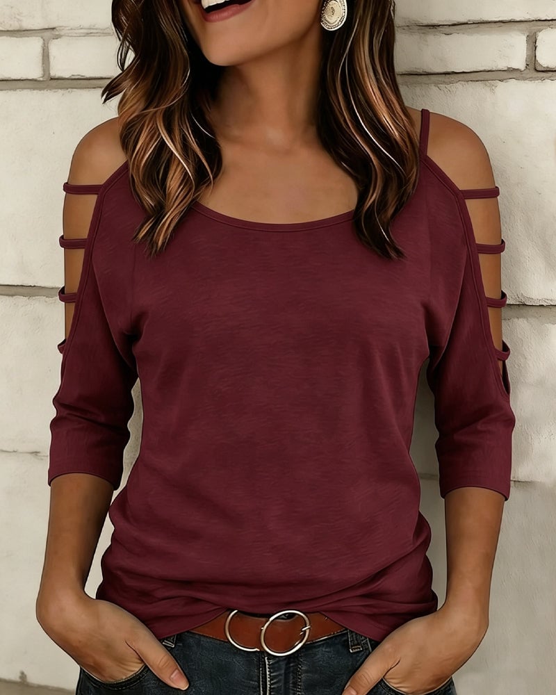 Solid Color Elbow-Length Sleeve Off-Shoulder T-Shirt