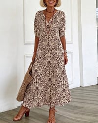 Klänning Vintage Blommönster V-Hals Maxi