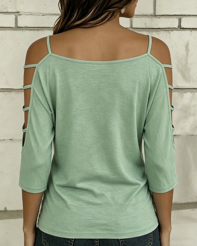 Solid Color Elbow-Length Sleeve Off-Shoulder T-Shirt