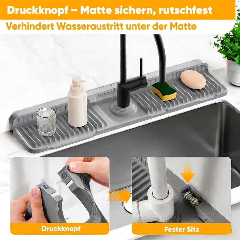 Abgewinkelte Spritzschutz-Matte für den Wasserhahn