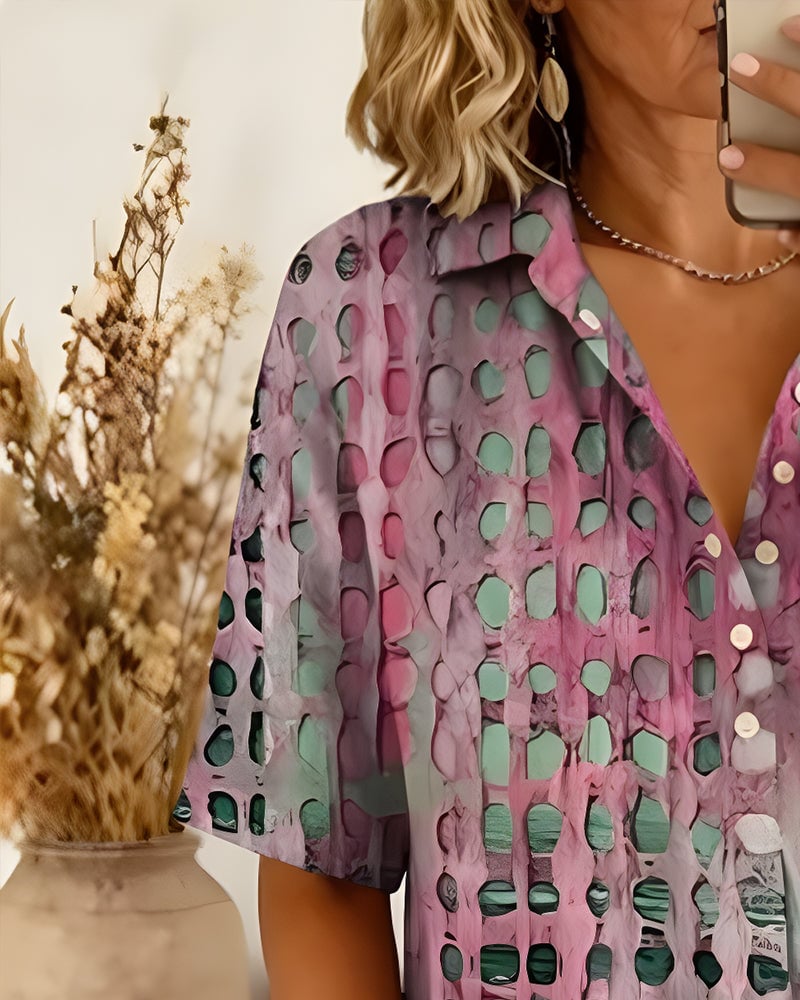 Polka Dot Print Button Half-Placket Blouse