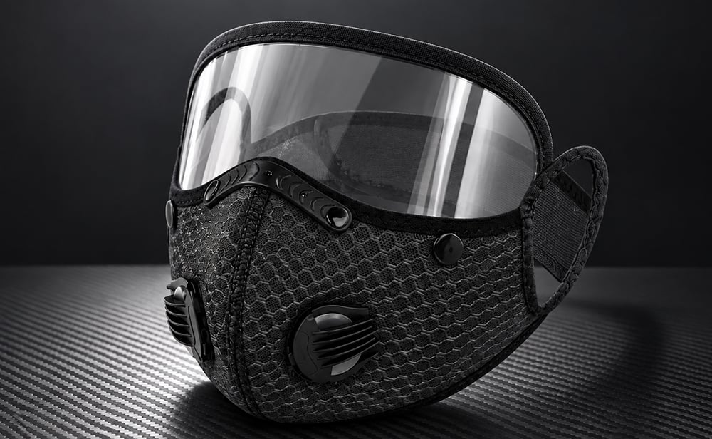 Black dual-valve face mask with an integrated clear eye shield