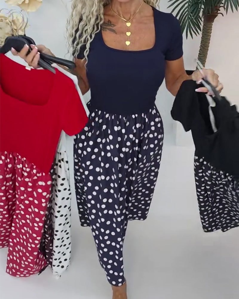 Square Neck Polka Dot Patchwork Dress
