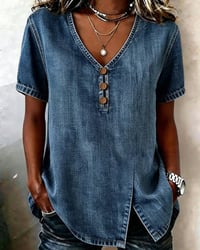Slit V-Neck Denim Blouse