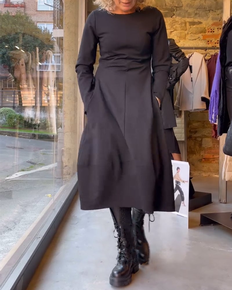 Solid color round neck  A-line dress