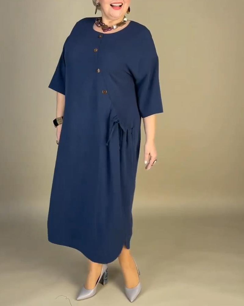 Casual solid color oblique button pocket loose dress