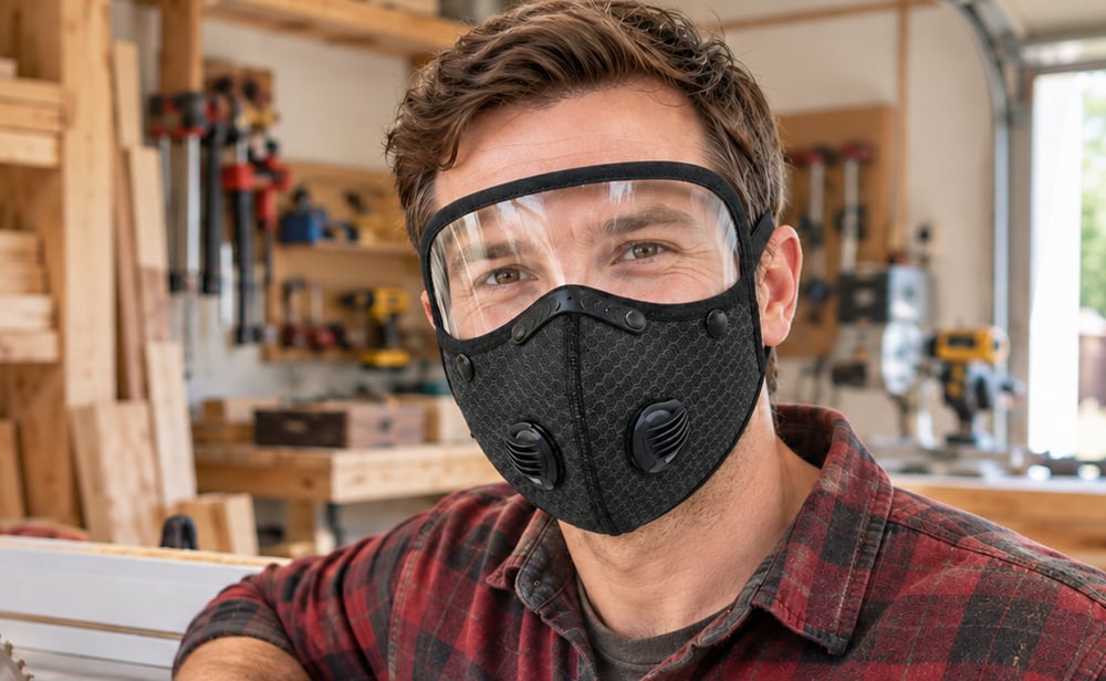 Front view showing how the clear eye shield and contoured mask sit on an adult wearer