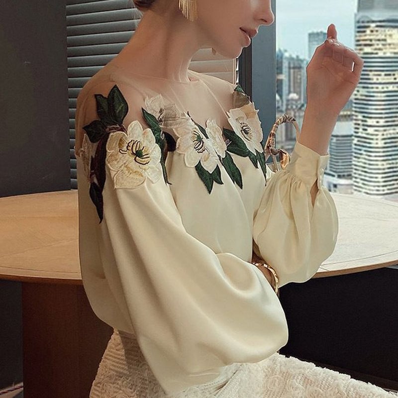 Mesh-Paneled Satin Embroidered Shirt Top