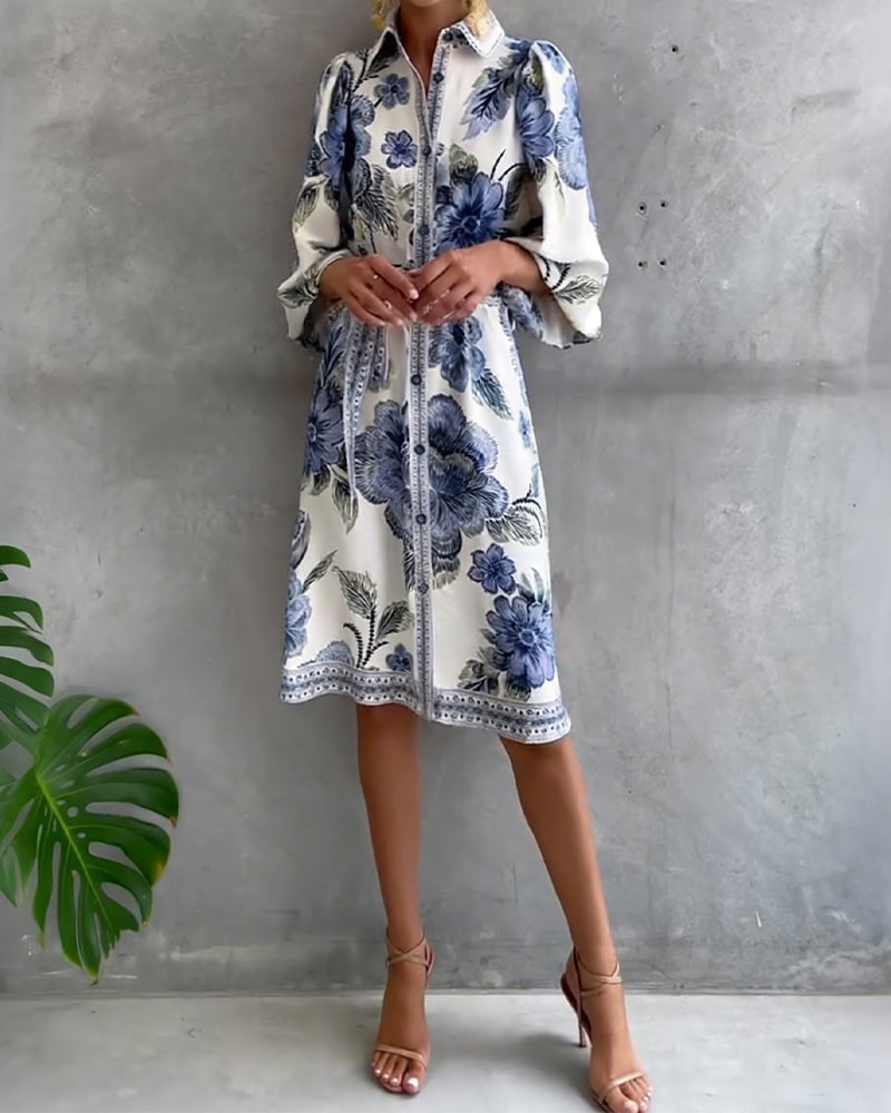 Bedrucktes Kleid mit Laternenärmeln und Reverskragen