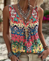 Ethnic Print V-Neck Sleeveless Tank Top
