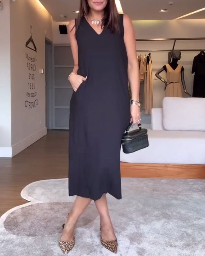 Jurk casual v-hals mouwloos effen kleur split