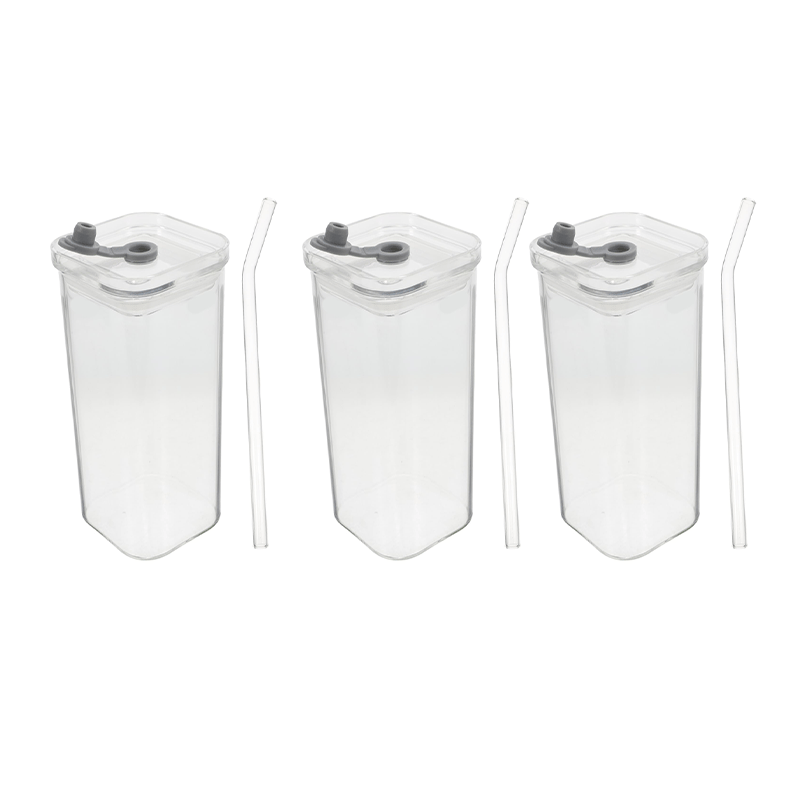 Stylish Square Glass Drink Cup with Lid and Straw