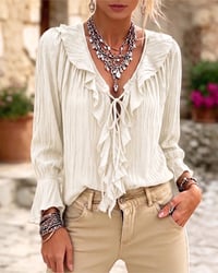 Ruffle Trim Lace-Up Long Sleeve Blouse