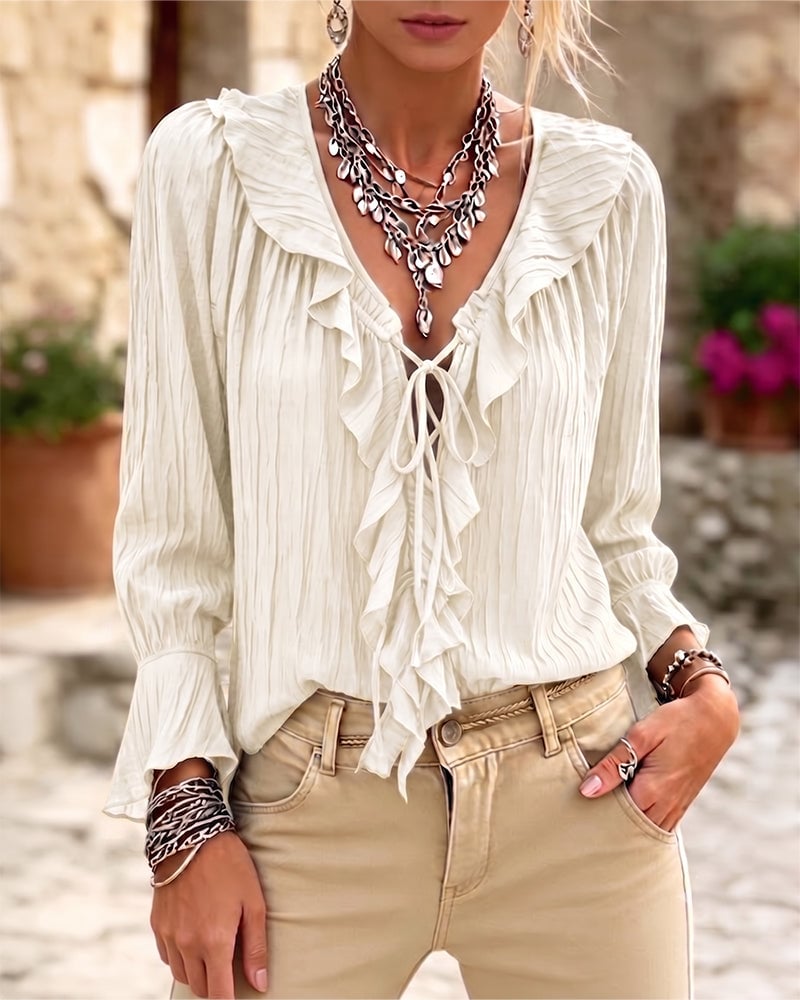 Ruffle Trim Lace-Up Long Sleeve Blouse