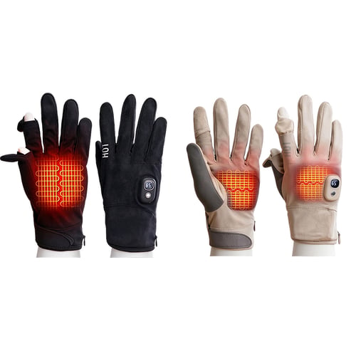 Black and beige heated glove designs with flip-back fingertips and illustrated heating areas