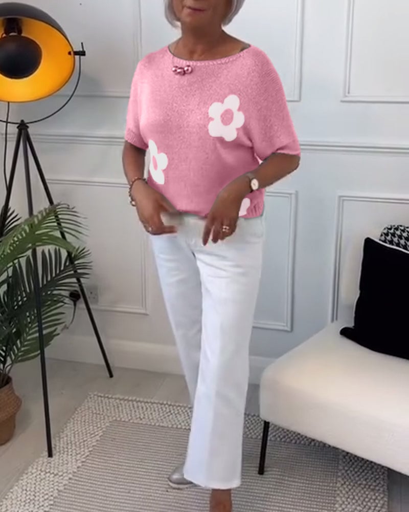 Pull col rond slim fleuri
