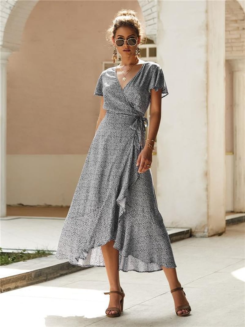 Casual Floral V Neck Short Sleeve Asymmetrical Long Dress