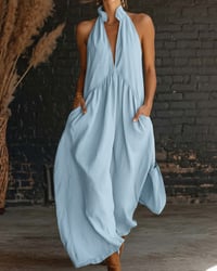 100% Cotton Sleeveless Stand-Collar Solid-Color Maxi Dress