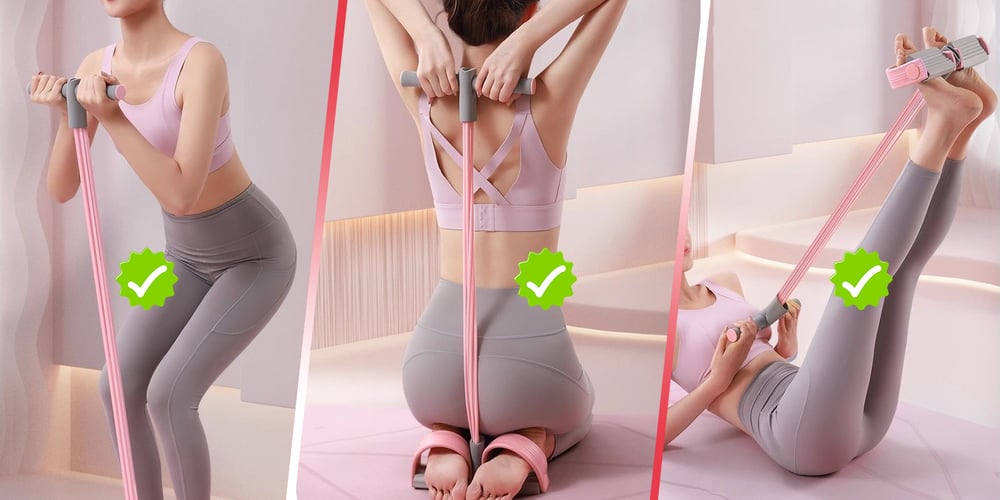 Woman training at home with a multifunction pedal resistance band