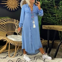 Enfärgad långärmad denimklänning för kvinnor