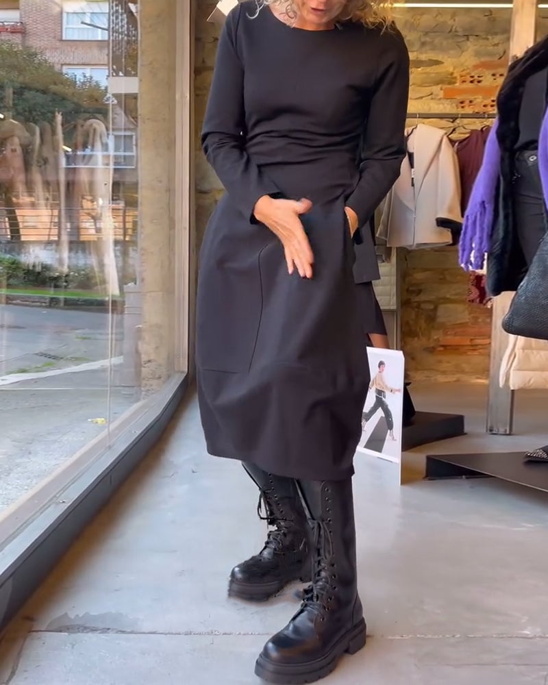 Solid color round neck  A-line dress