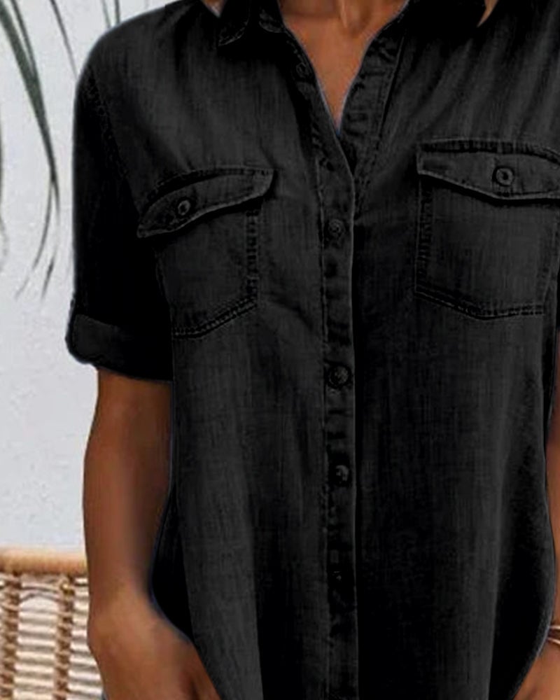 Robe Manches Courtes Col Solide Bouton
