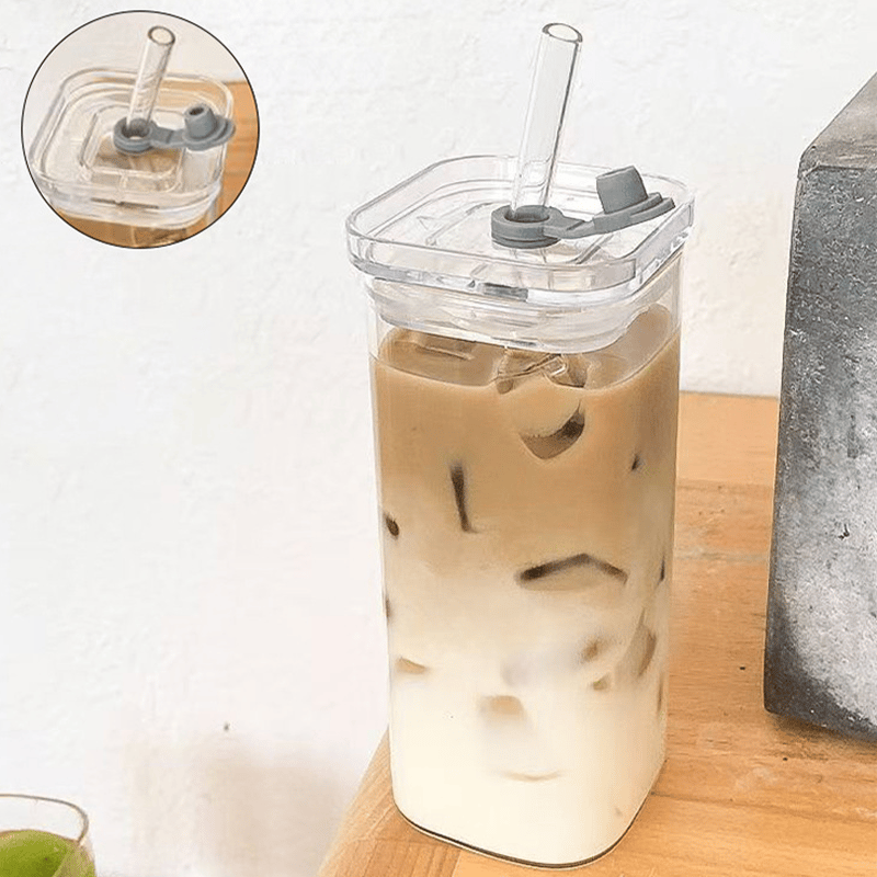 Stylish Square Glass Drink Cup with Lid and Straw