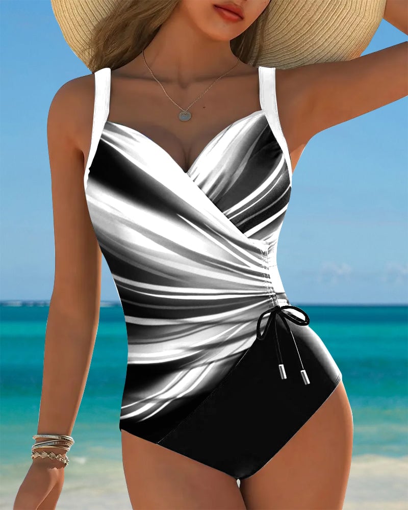 One-Piece Contrast Color Lace-Up Swimsuit