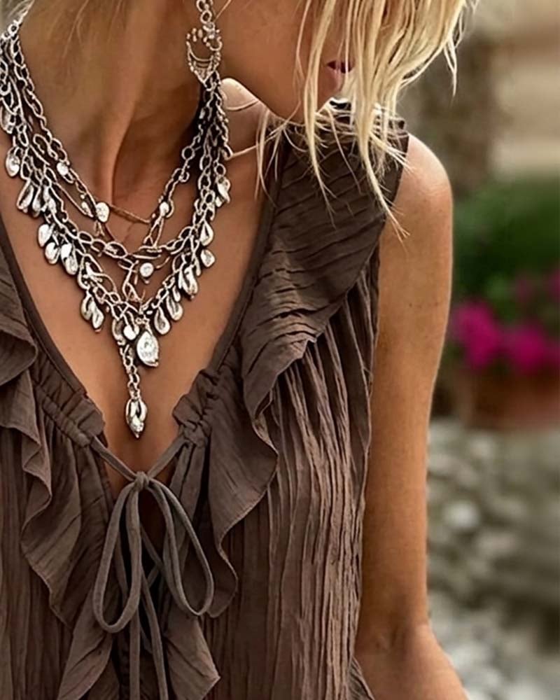 Ruffled V-Neck Lace-Up Sleeveless Tank Top