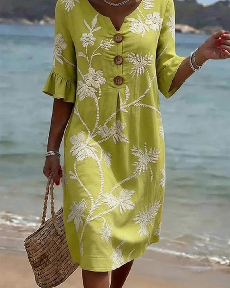 Petite V-Neck Ruffle Three-Quarter Sleeve Dress