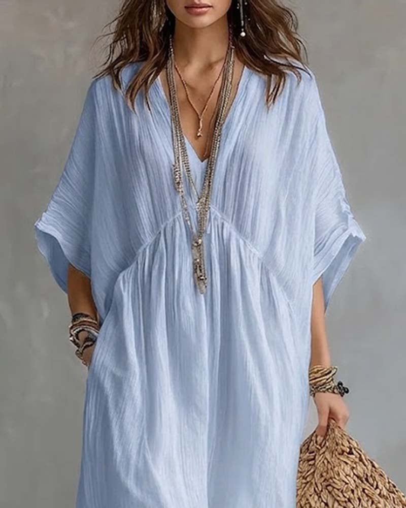 V-Neck Batwing Sleeve Flared Dress