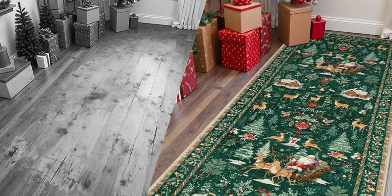 Split-screen showing a cluttered mantelpiece vs. the same room with the floor runner providing festive impact without adding visual clutter