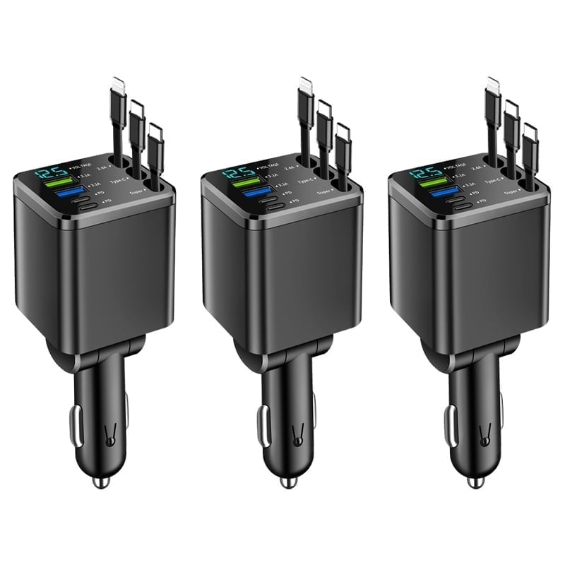 7-in-1 Universal Retractable Car Charger with Intelligent Voltage Display