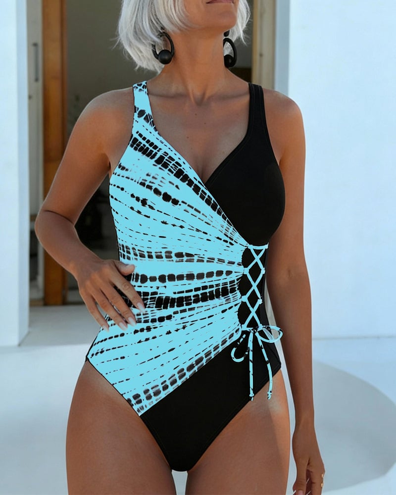 Color-Blocked Polka Dot One-Piece Swimsuit