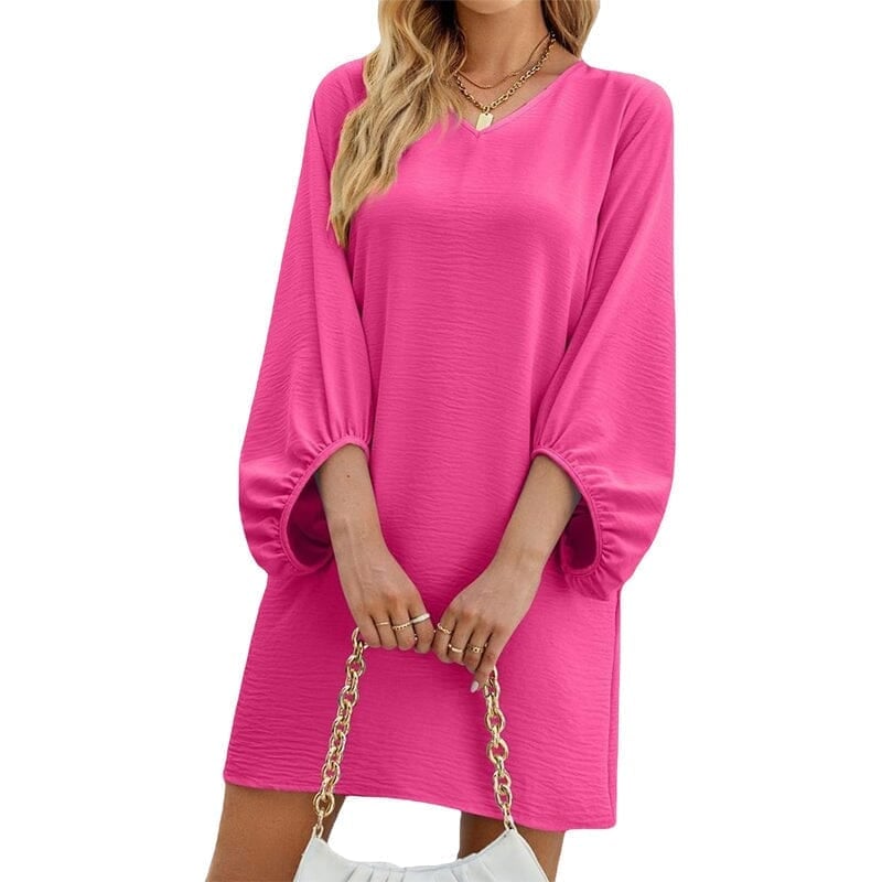 Solid Color V-Neck Puff Sleeve Loose Dress