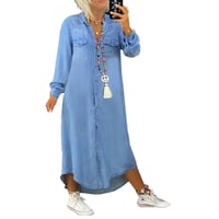 Enfärgad långärmad denimklänning för kvinnor