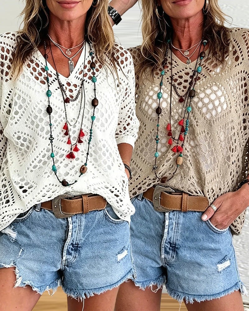 Diamond-Patterned Openwork Loose Top Set