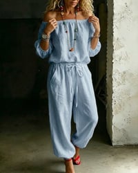 Off-Shoulder Tie Waist Cinched Waist Jumpsuit