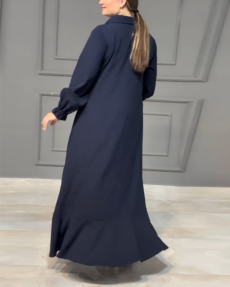 Lantern sleeve button ruffle shirt dress