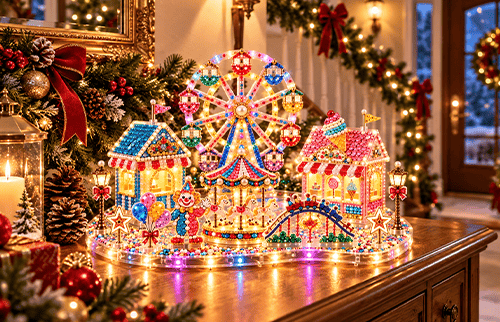 Completed illuminated diamond art scene displayed on a wooden console beside Christmas decorations