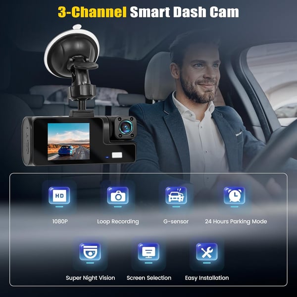 Sakerplus 3 Channel Dash Cam Front and Rear Inside