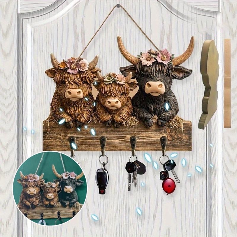 Highland Cow Wooden Key Holder Decor