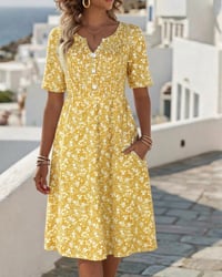 V-Neck Short-Sleeved Floral Dress